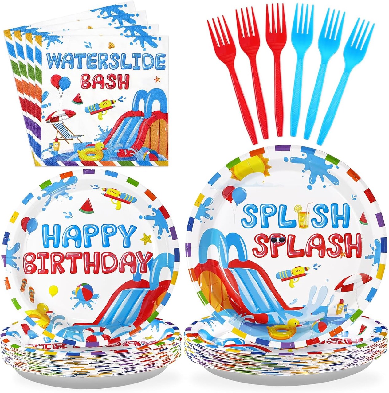 96 Pcs Splish Splash Birthday Decor Disposable Pool Party Plates Napkins Forks
